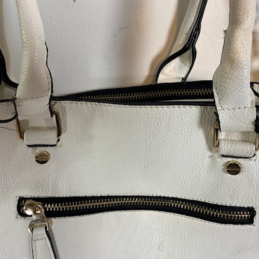 Two-Tone Women's White Black Leather Satchel Tote Bag Large - Picture 8 of 11